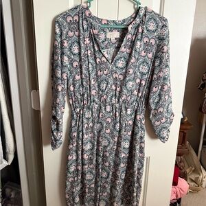 LOFT Green and Pink Floral V-Neck Dress